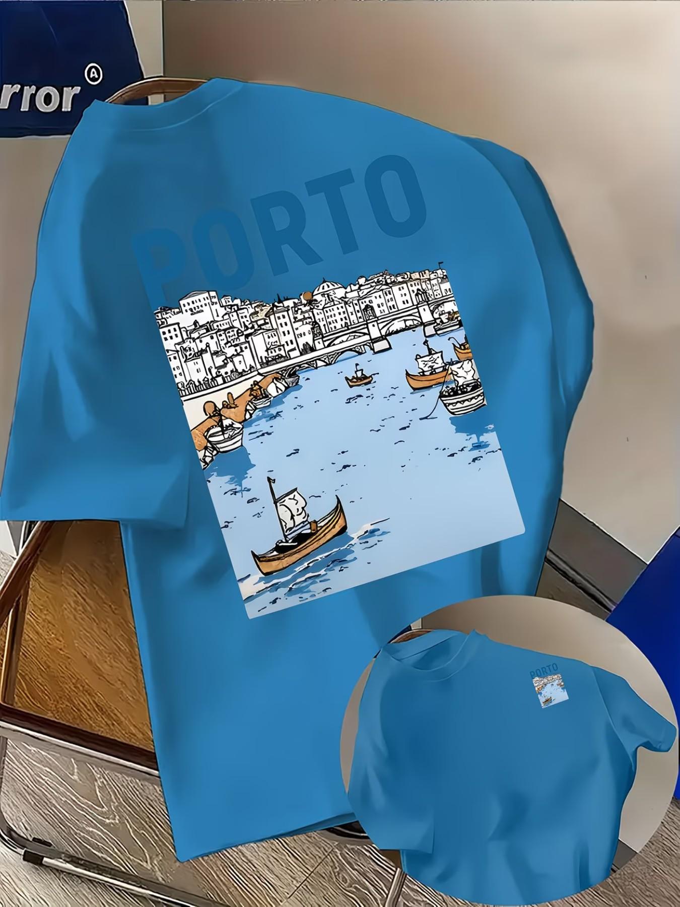 Men's Fashion T-Shirt 'porto' Letter Creative Pattern, Comfortable All Seasons, Loose Fit, Double-Sided Print