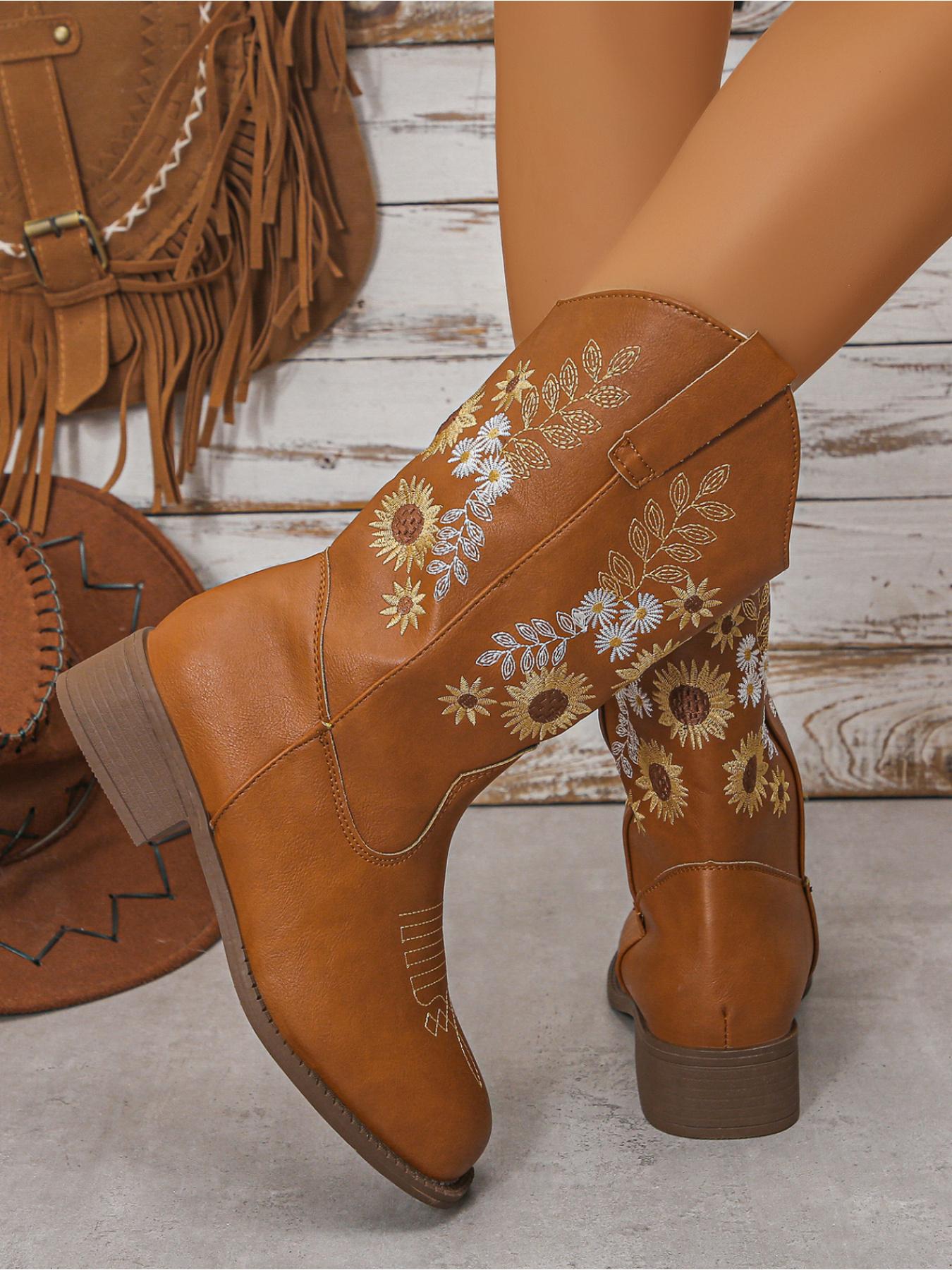 Women's Sunflower Floral Embroidery Mid-Calf Boots, Round Toe Low Heel, Vintage Western Classic Style, Daily Commute Party Fashion Shoes