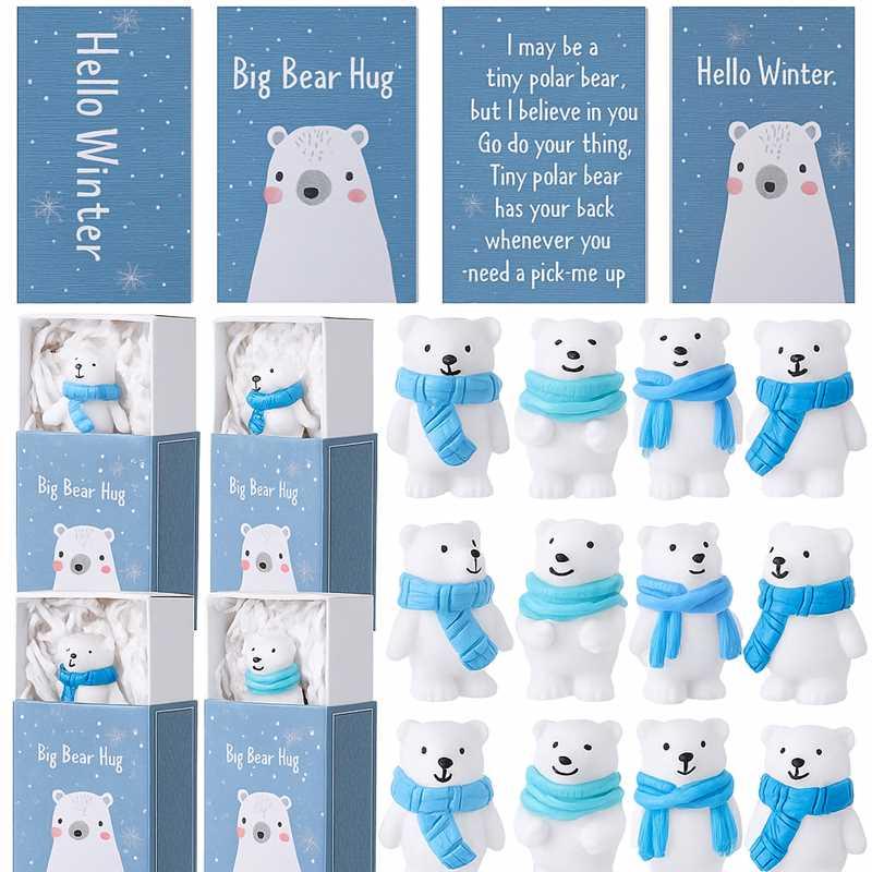 Mini Resin Figures Gift Boxes 12/24/36/72/100 Sets Polar Bears with Positive Container Inspirational Bluk Emotional Support Gifts for Students Coworker Employee Friends for Winter New Year Party Favor Office Desk Decor Exchange Ideas
