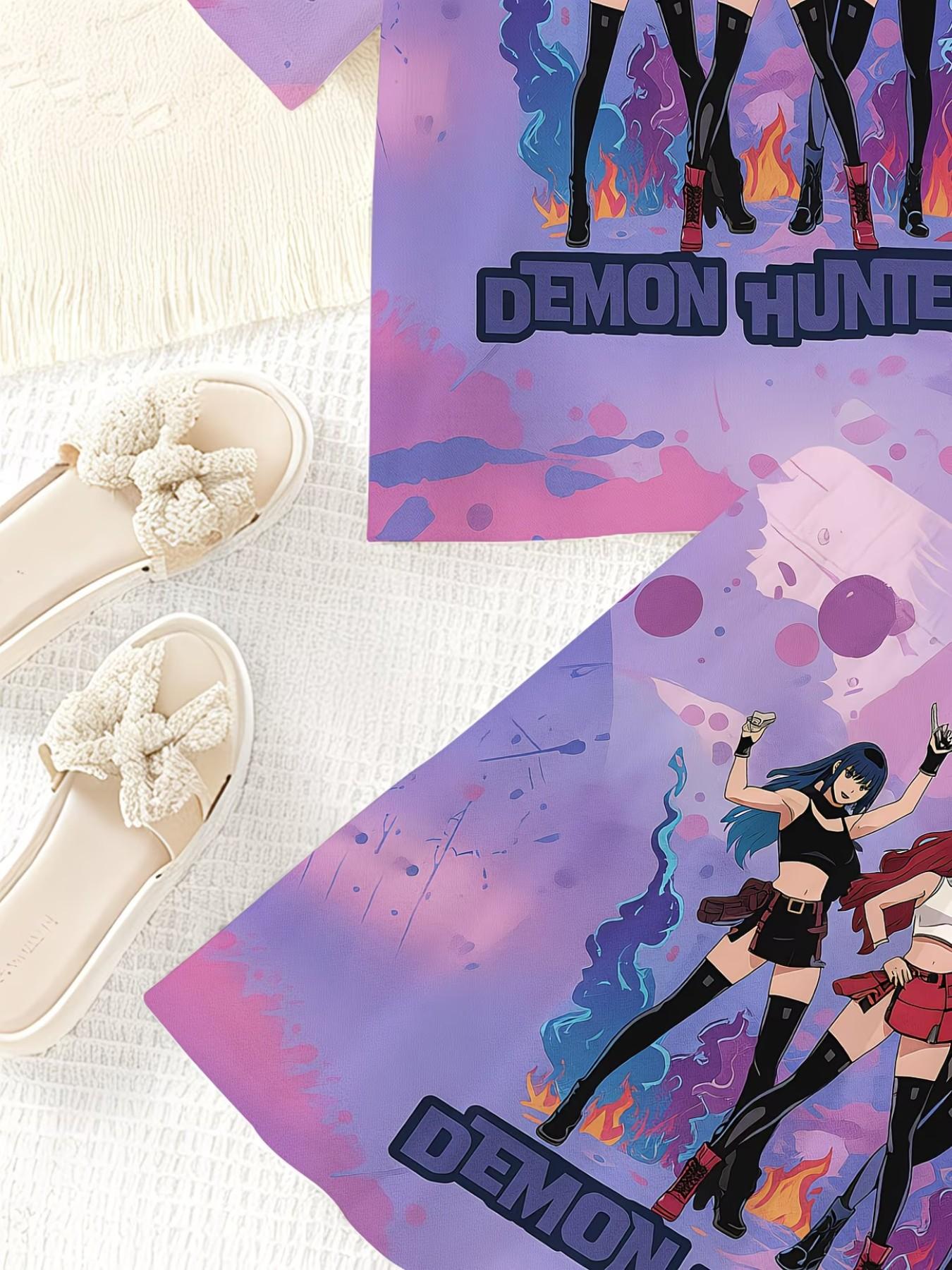 Girls' 3D Cartoon Print Top and Skirt Set, Casual Slim-Fit Summer, Round Neck Short Sleeve, Daily Wear for Kids