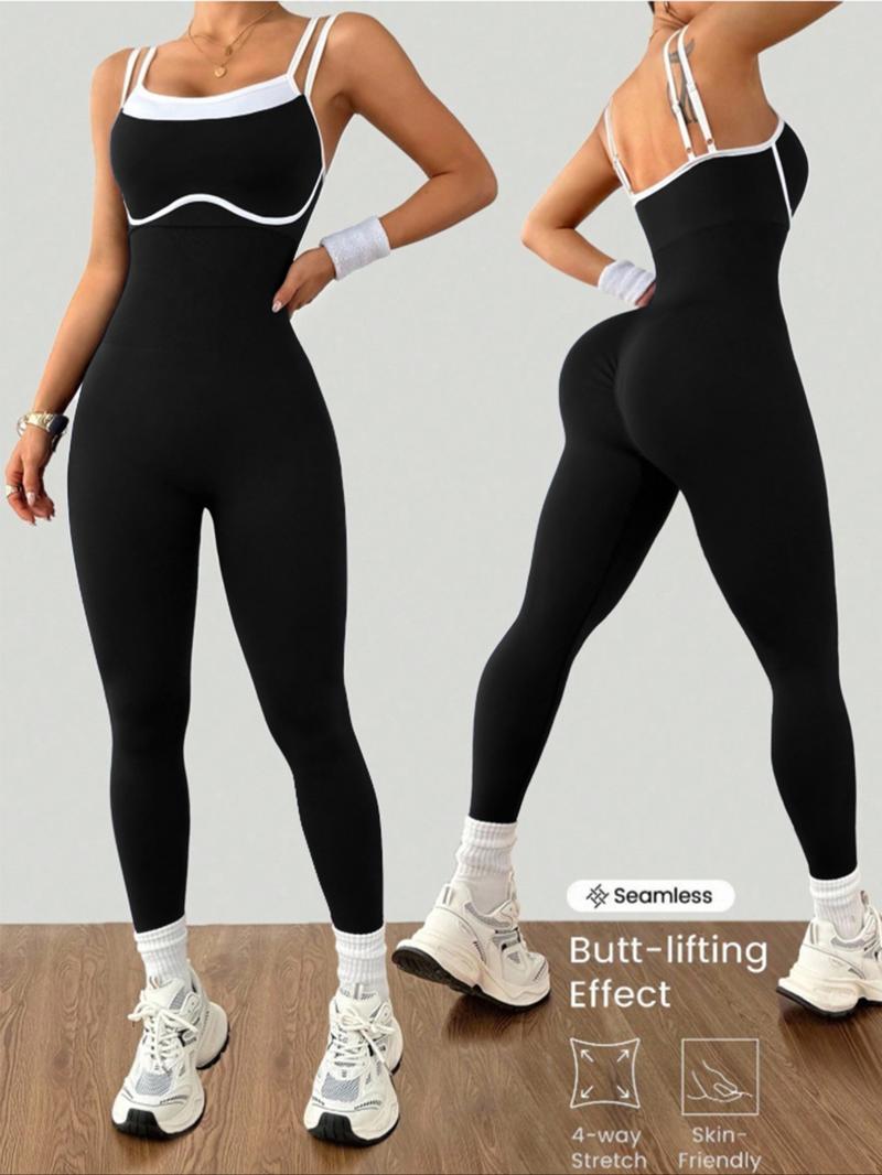 Women's Colorblock Adjustable Straps Sporty Jumpsuit, High Stretch Knit Waistband, Casual Fashion Yoga Pants, All Seasons Wear, Workout Jumpsuit