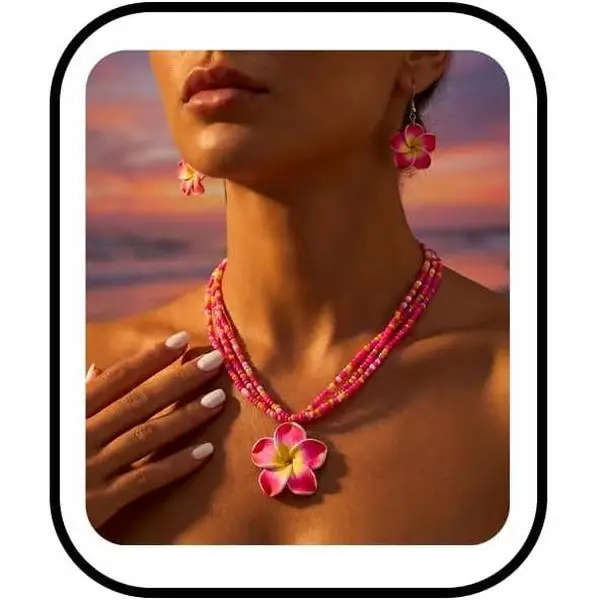 Hawaiian Plumeria Rubra Earrings Necklace Set for Women  Yellow Beaded Necklace Earrings Boho Hawaiian Beach Accessories Trendy Tropical Beach Wedding Bridesmaid