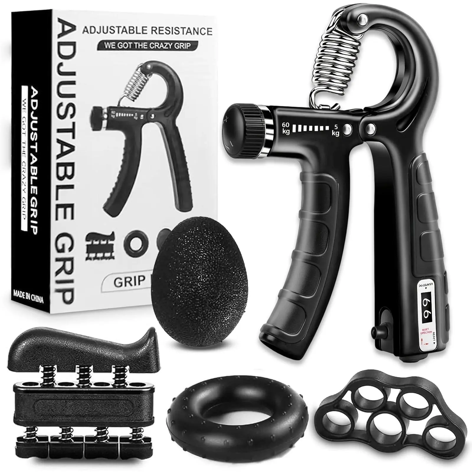Unisex 5‑Pack Silicone Grip Strength Trainer Kit - Adjustable Resistance Exercise Equipment with Forearm Strengthener, Hand Squeezer, Finger Stretcher, Grip Ring, Relief Ball for Golf, Injury Recovery, Counting Function, Durable Material