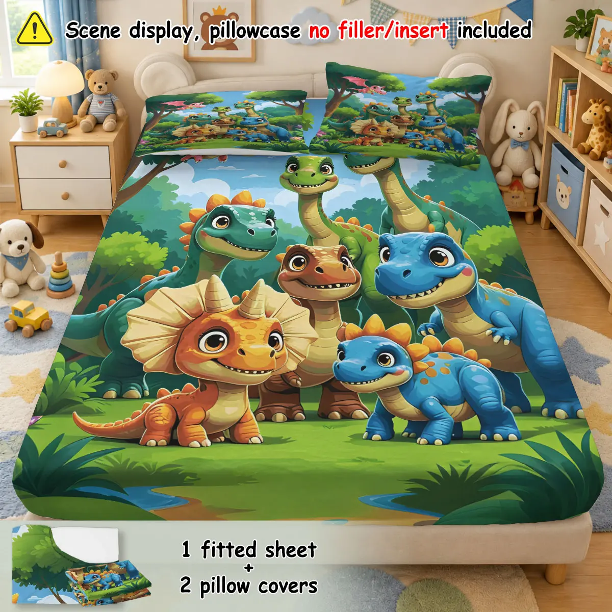 (1 fitted sheet + 2 pillowcases, no filler)Cartoon dinosaur print,Polyester fitted sheet 3-piece bedding set, all-season & machine washable, ideal for room decoration and birthday present for bedroom use