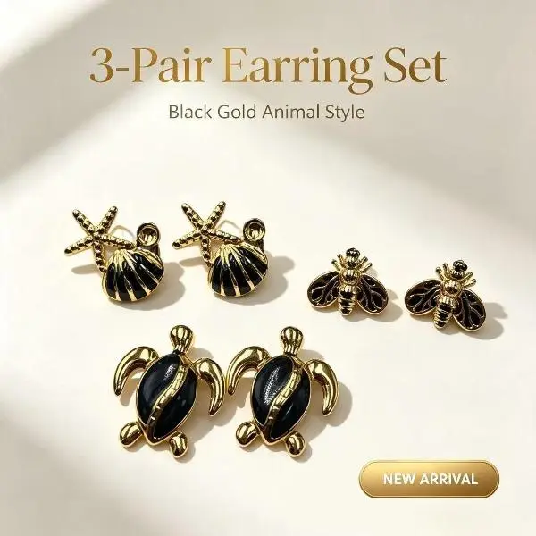 3‑Pair Black Gold Enamel Earring Set, Turtle Bee Starfish Shell Stud Earrings, Vintage Animal Ocean Style Earrings, Fashion Jewelry Gift for Women Daily Party Beach