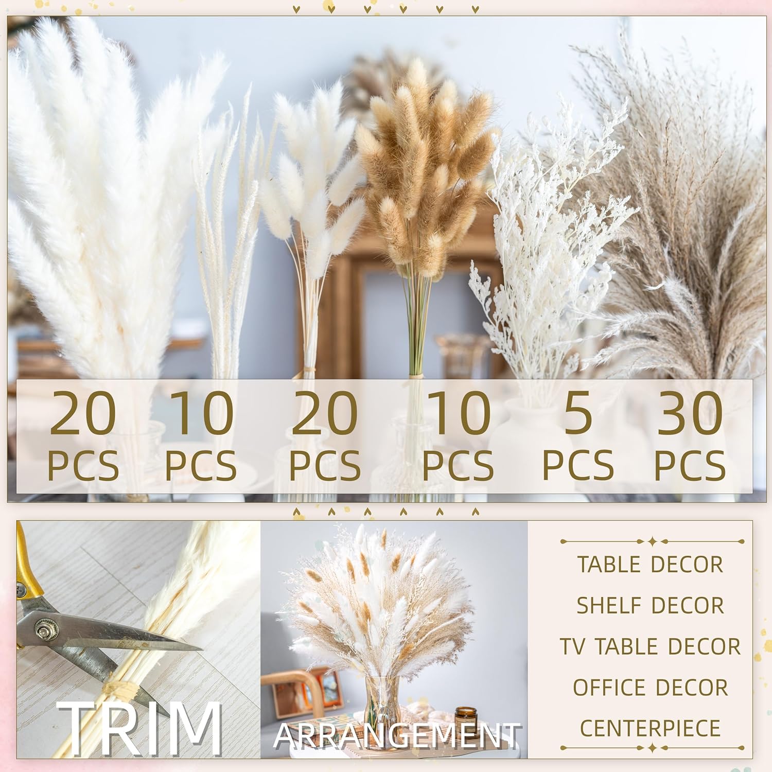 95 PCS Natural Dried Pampas Grass Bouquet - Neutral White & Beige Boho Floral Decor. Perfect for Wedding Centerpieces, Table Arrangements, Rustic Home & Vase Filler