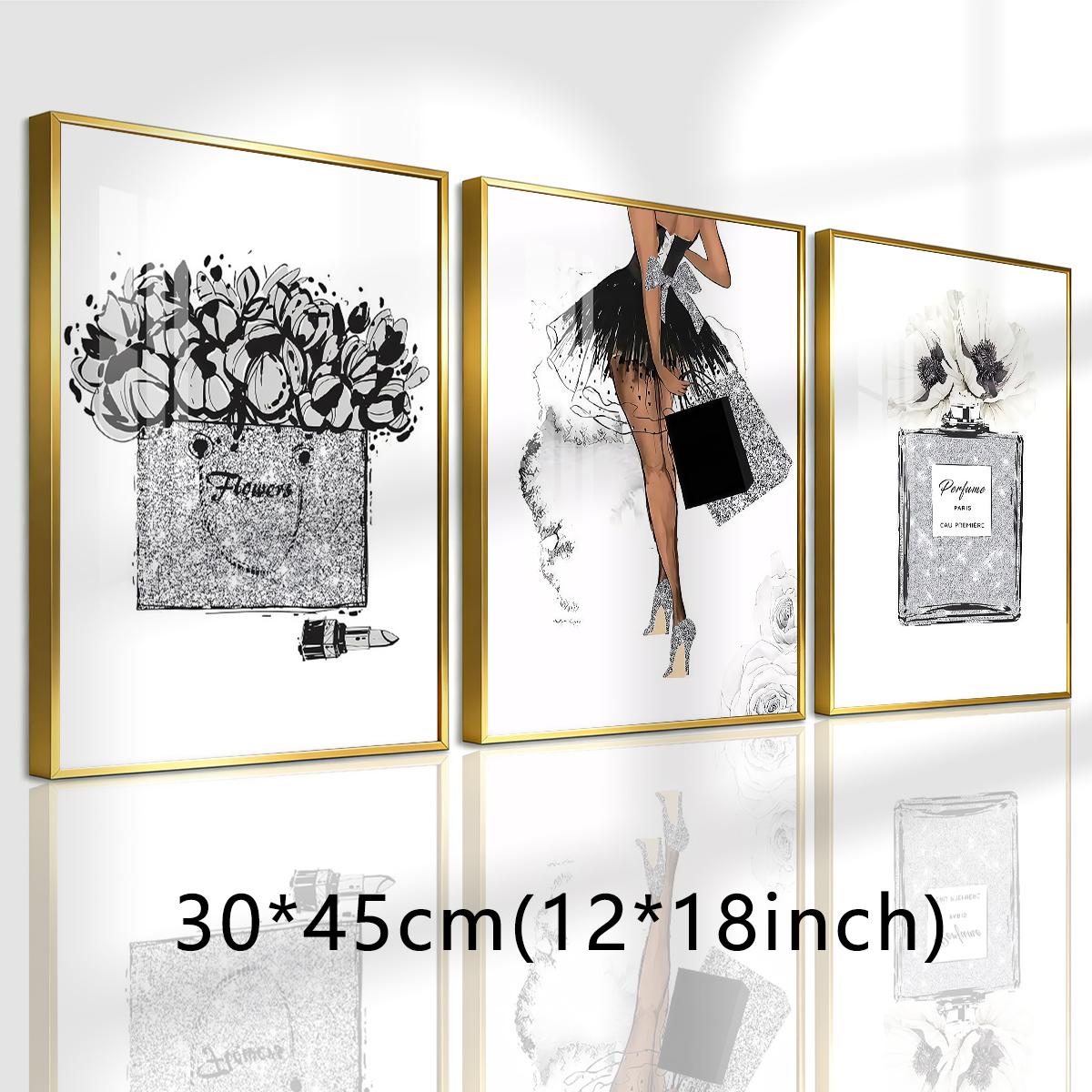 3 Counts Aluminum Alloy Framed Painting, Fashion Girl Perfume And Flower Art Prints, Home Decoration For Living Room, Bedroom, Office, Restaurant, Hallway Wall Decor, Odorless Print Artwork, Luxury Perfect Gift For Friends And Family