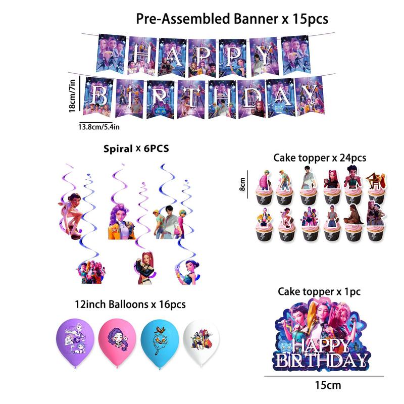KPOP Hunter Girl Birthday Decoration Set, Pull Flag, Balloons, Tableware, Banner, Holiday Hanging Decor, Perfect Gift for Friends