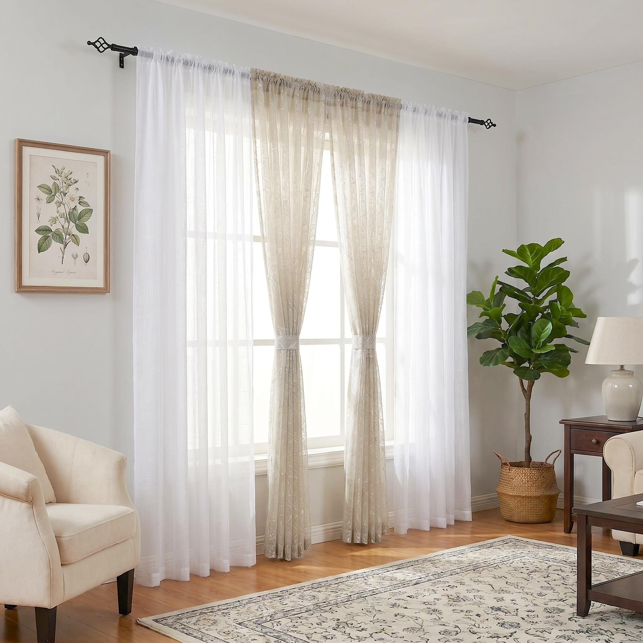 6-Panel Rod Pocket Window Drape Set (52"x84") - Durable, Dustproof, Breathable, Anti-Shrink, Fade-Resistant Flat Weave, 4 Foil Silver Metallic Sheers, 2 Linen Texture Chenille Semi-Sheers, Easy Installation, for Bedrooms/Living Rooms (FT5001 L39), Rust