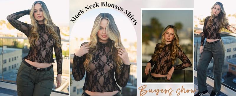 Avidlove Women's Mesh Top Long Sleeve Mock Neck Blouse Floral Lace Tops