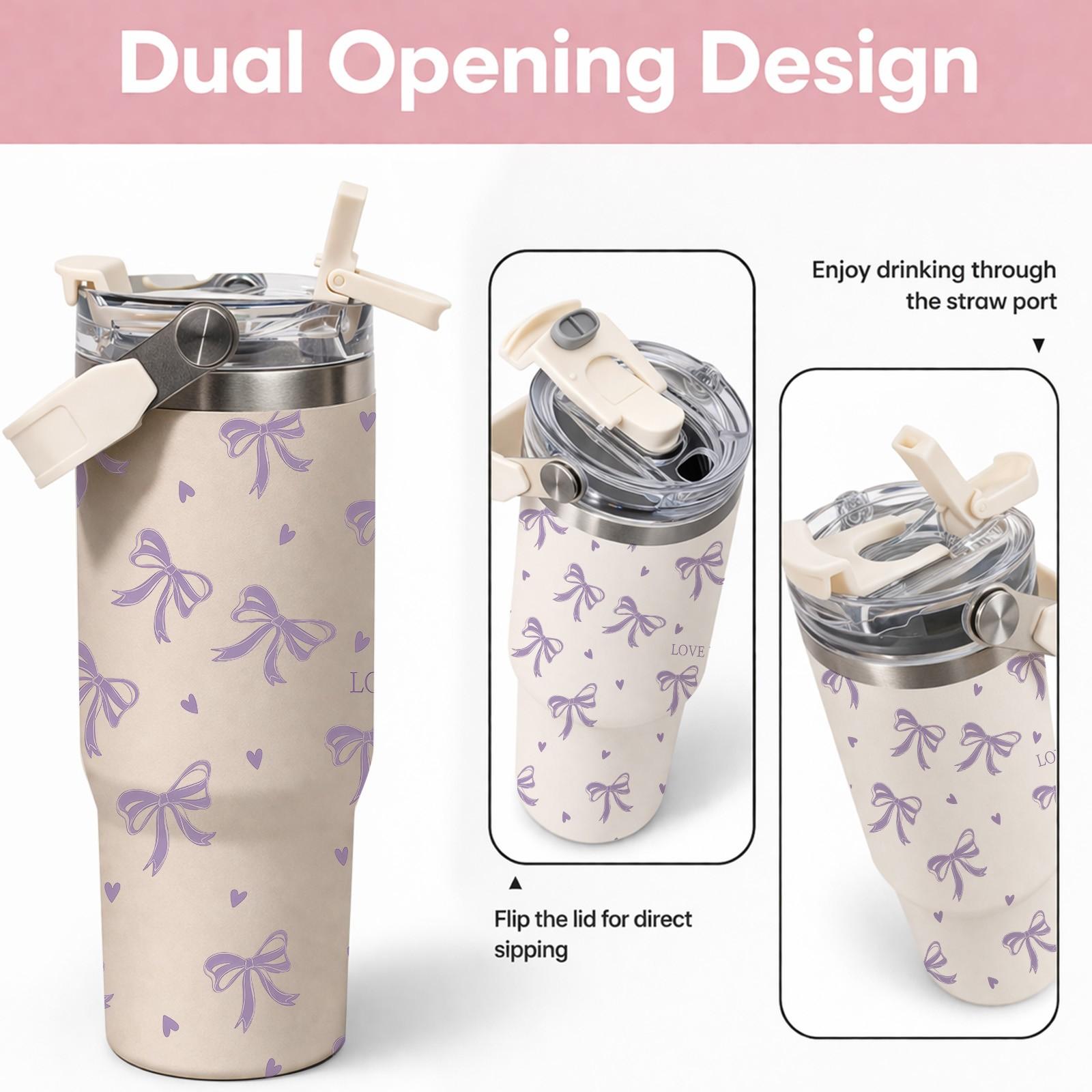 1pc 30oz Stainless Steel Tumbler with Handle, Purple Bow Print Thermal Mug with Lid And Straw, Keeps Hot 12H Cold 24H, Cute Insulated Cup for Travel, Office, Car, Unique Gift for Women