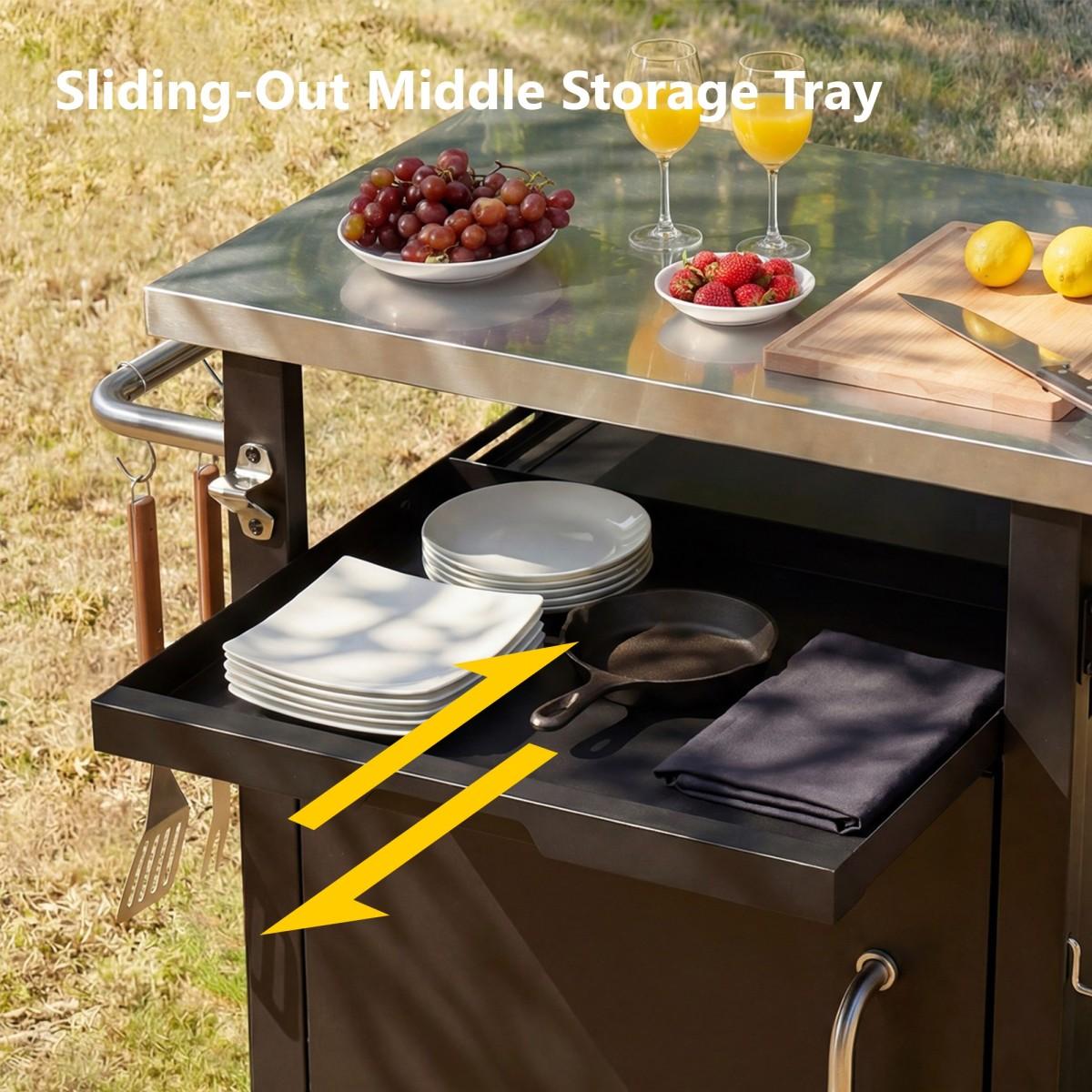 39.5" Outdoor Grill Cart with Storage Cabinet, Outdoor Bar Cart Pizza Oven Table with Wheels, Stainless Steel Top, Outdoor Kitchen Island with Spice & Paper Rack for BBQ, Waterproof Cover Included