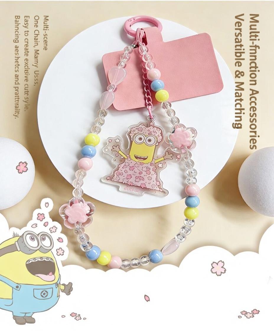 Minions Sakura Cherry Blossom Phone Charm - Limited Edition Kawaii Beaded Strap | Bob & Kevin Cute Pendant For Phone & Bag