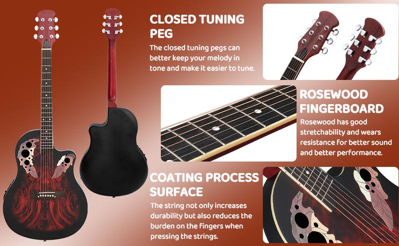 Glarry 41in Acoustic-Electric Guitar, 6 String Cutaway Guitar with EQ-7545R Bass Preamp with Four-Band EQ, Unique Round-back Design, Fantastic Touch, Accurate Tune and Unmatched Sound (Red)