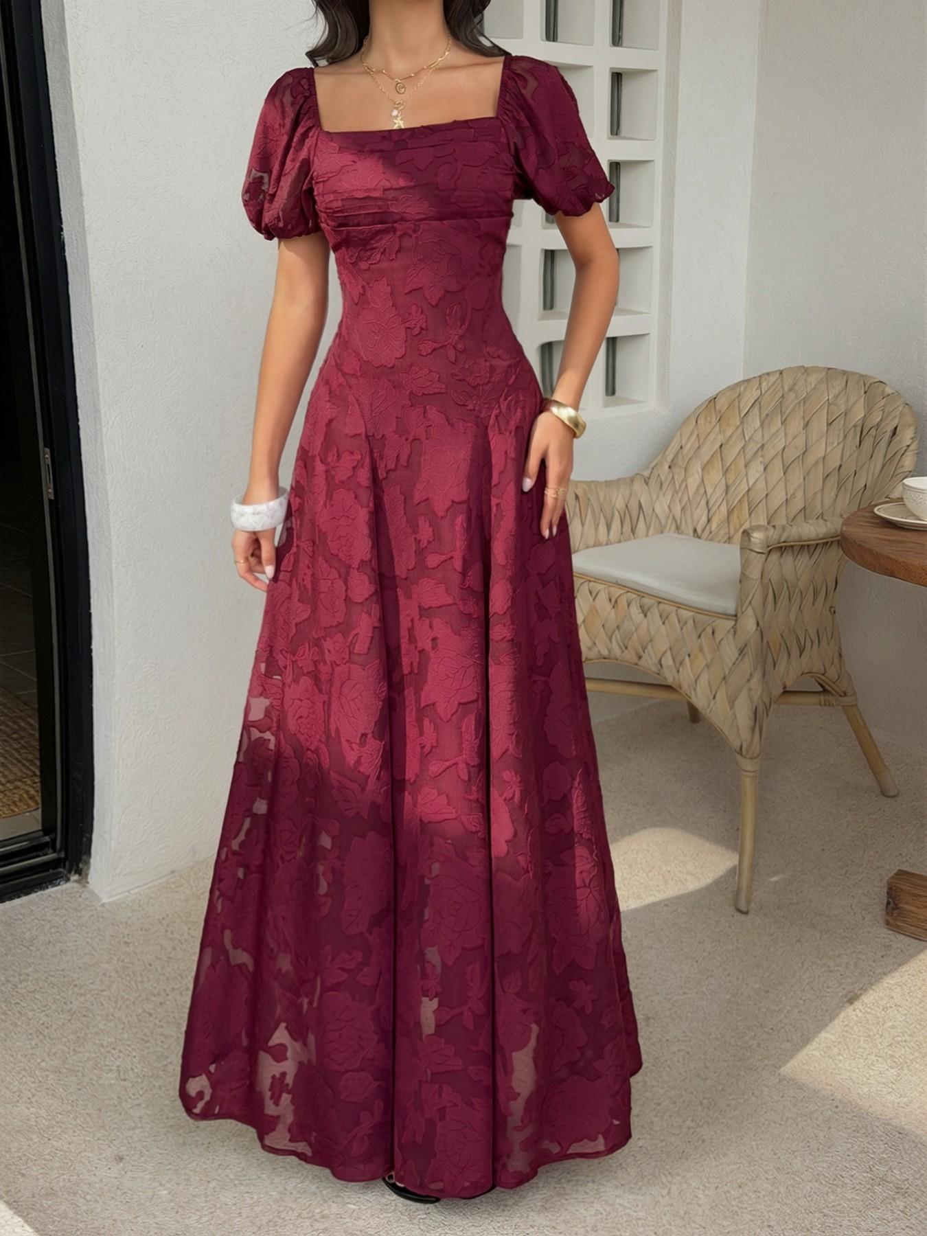 Pure Color Jacquard Square Neck Bubble Sleeve Dress, Back Crossed Tie French Vintage Wedding Banquet Atmosphere Dress