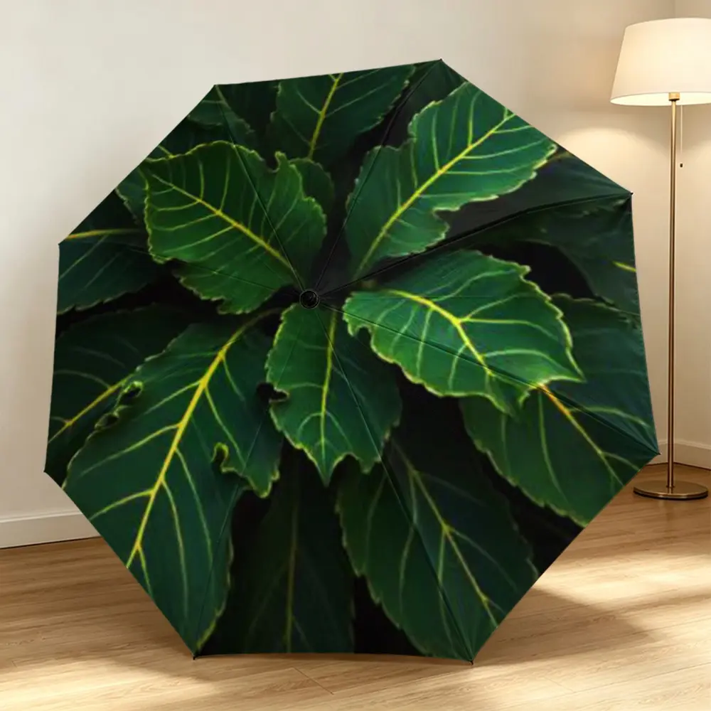 Deep Blue Leaf Design Umbrella, Three-Fold Eight-Rib Durable Fiberglass, Lightweight Portable, Ideal for Travel and Gifts