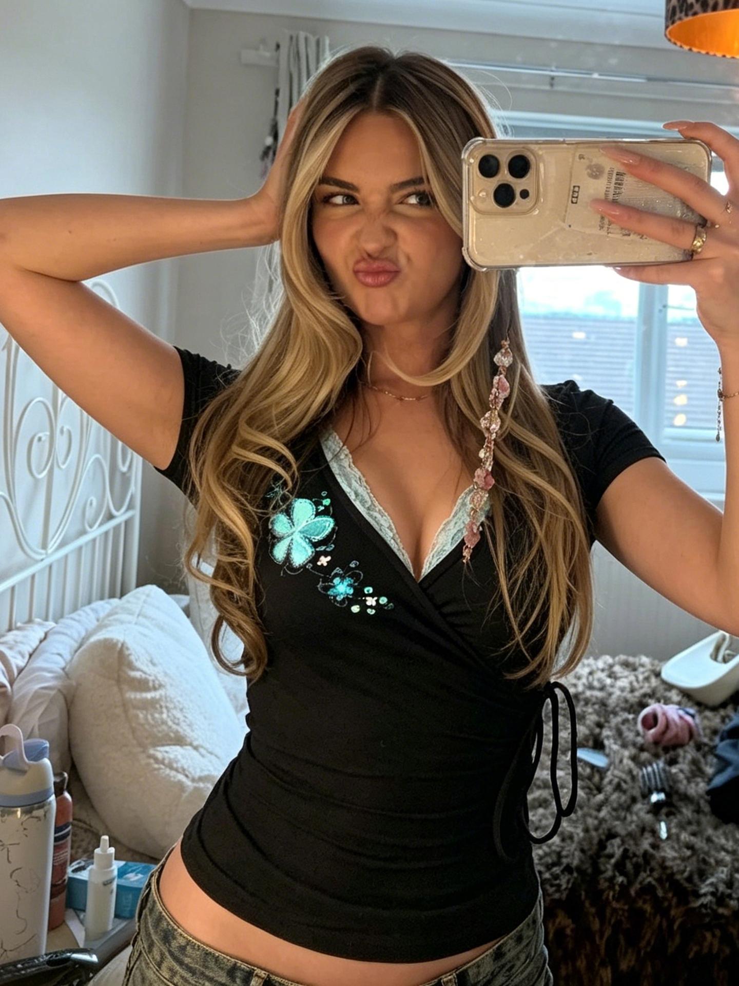Holiday Style Floral Embroidery Sequin Top, Slim Fit Lace V Neck Short Sleeve Summer T-Shirt, Fashion Drawstring Design, Casual Daily Wear, Trendy Summer Tee