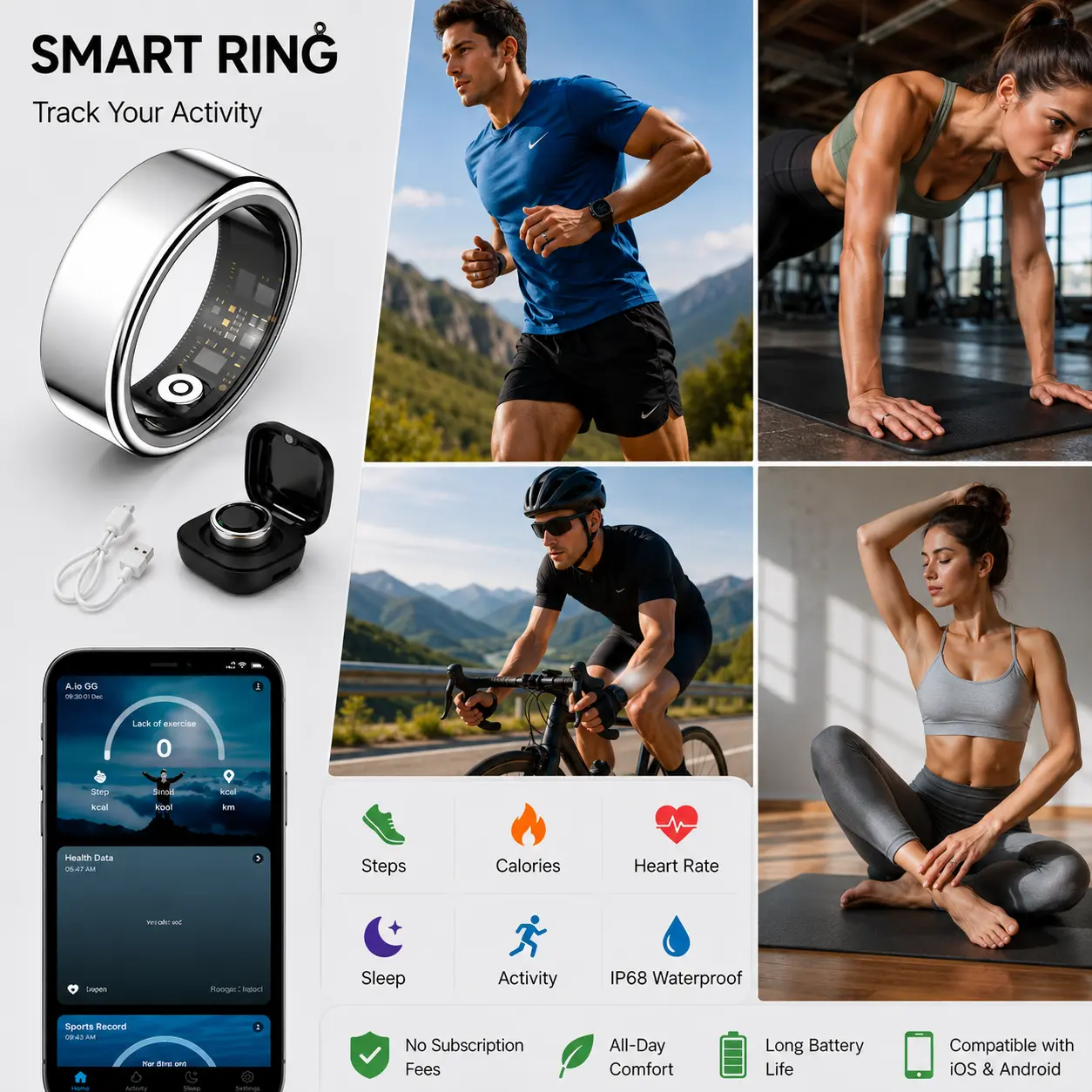 Stainless Steel Round Smart Ring for Men - Fitness Tracker with Pedometer, Multi-Sports Mode, Blood Oxygen, Heart Rate & Sleep Monitoring, Mobile Tracking, Waterproof, Long Battery Life, iOS-Android Compatible, Casual Wear