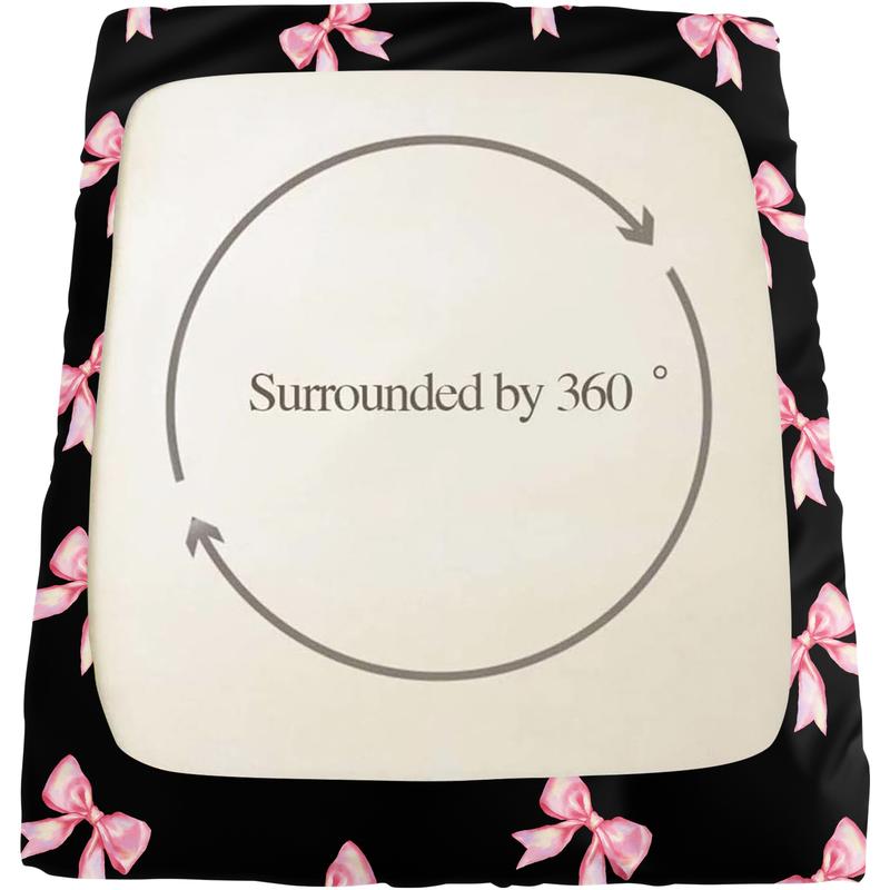 3-piece Bedding Set Features A Black Background With Pink Bow Print, A Fitted Sheet, And Two Unfilled Pillowcases. The Sweet And Cool Color-blocked Style Creates A Unique And Girly Bedroom Décor, Making It A Perfect Gift Choice. Bed Sheet Sets