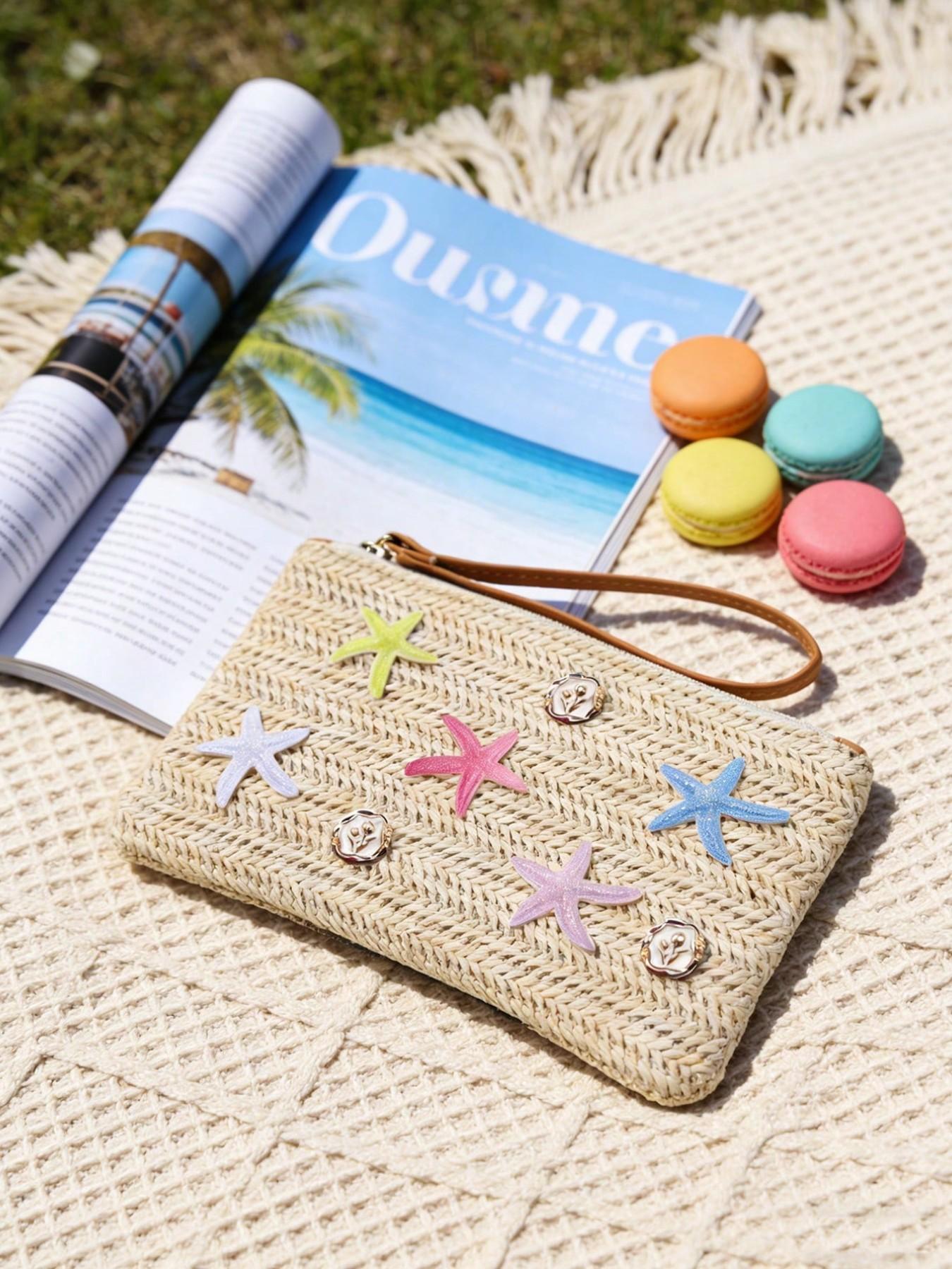 Boho Starry Straw Handbag, Colorful Star Decor, Beach Travel Bag, Summer Vacation, Casual Outings, Mother's Day Gift, Women & Teens