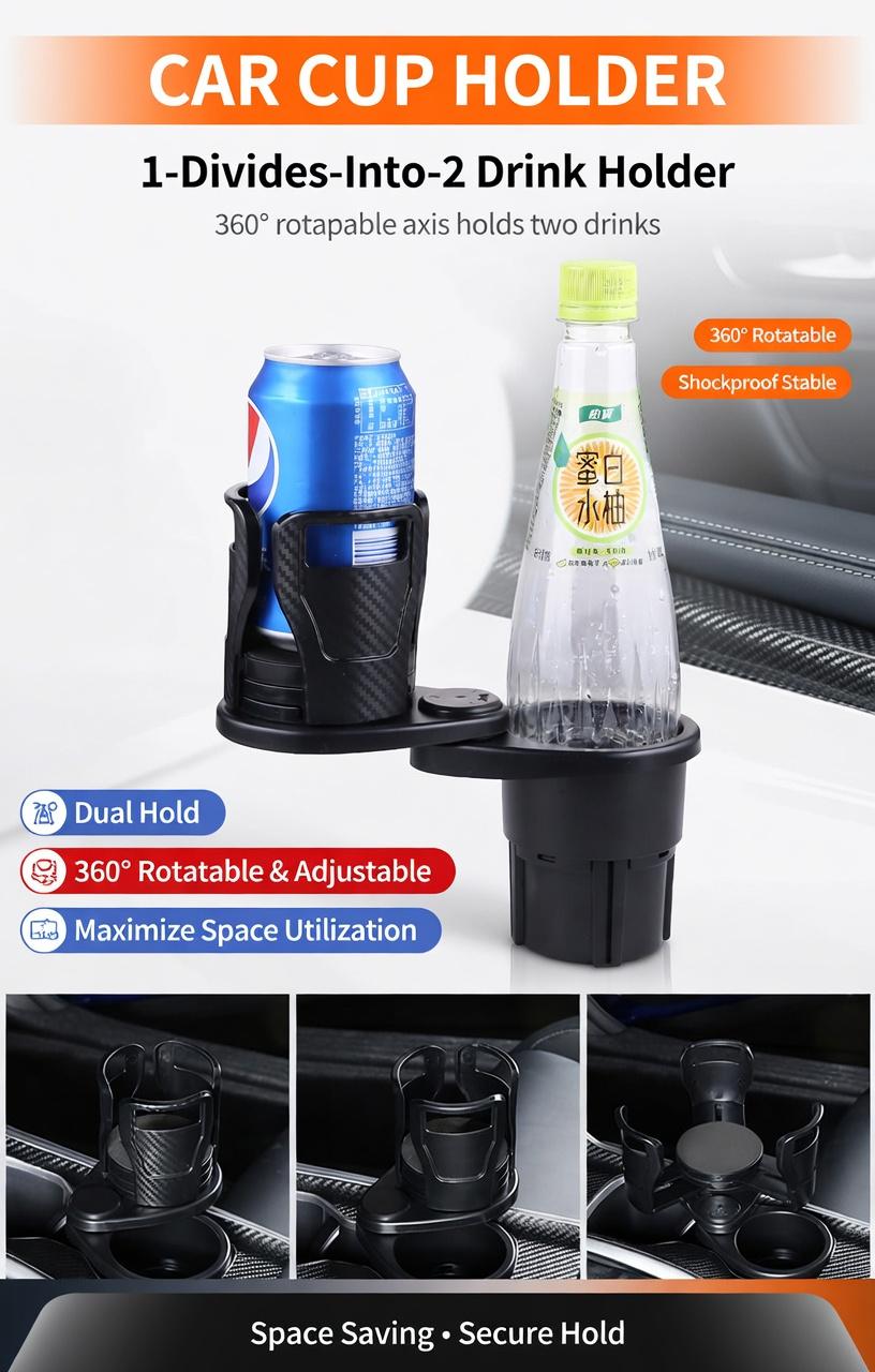 2-in-1 Rotating Car Cup Holder Carbon Fiber Black - Double Layer Expandable Drink Holder with Extra Storage Tray, Universal Fit Most Vehicles