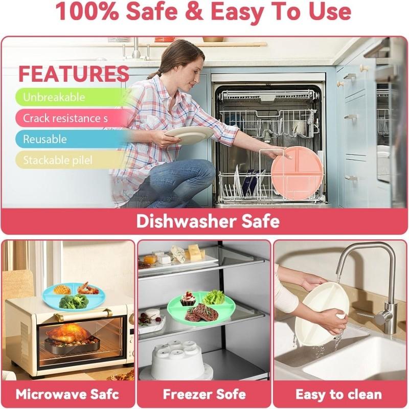 Unbreakable Divided Plates 5PCS for Kids Adults, Corelle Divided Plates, Wheat Straw Divided Plates, Salad Serving Plates, Lightweight Reusable Dinnerware Portion Control Plastic,9IN