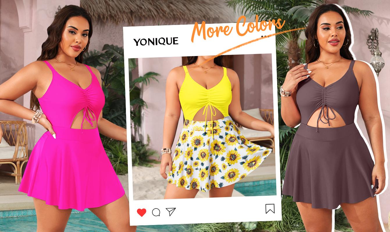 Yonique Women's Plus Size One Piece Swimsuits with Skirt, V-Neck Swimdress with Built-in Bottom, Vintage Cutout Bathing Suit for Plus Size Women, Ideal Holiday Gift for Mom, Wife, Girlfriend