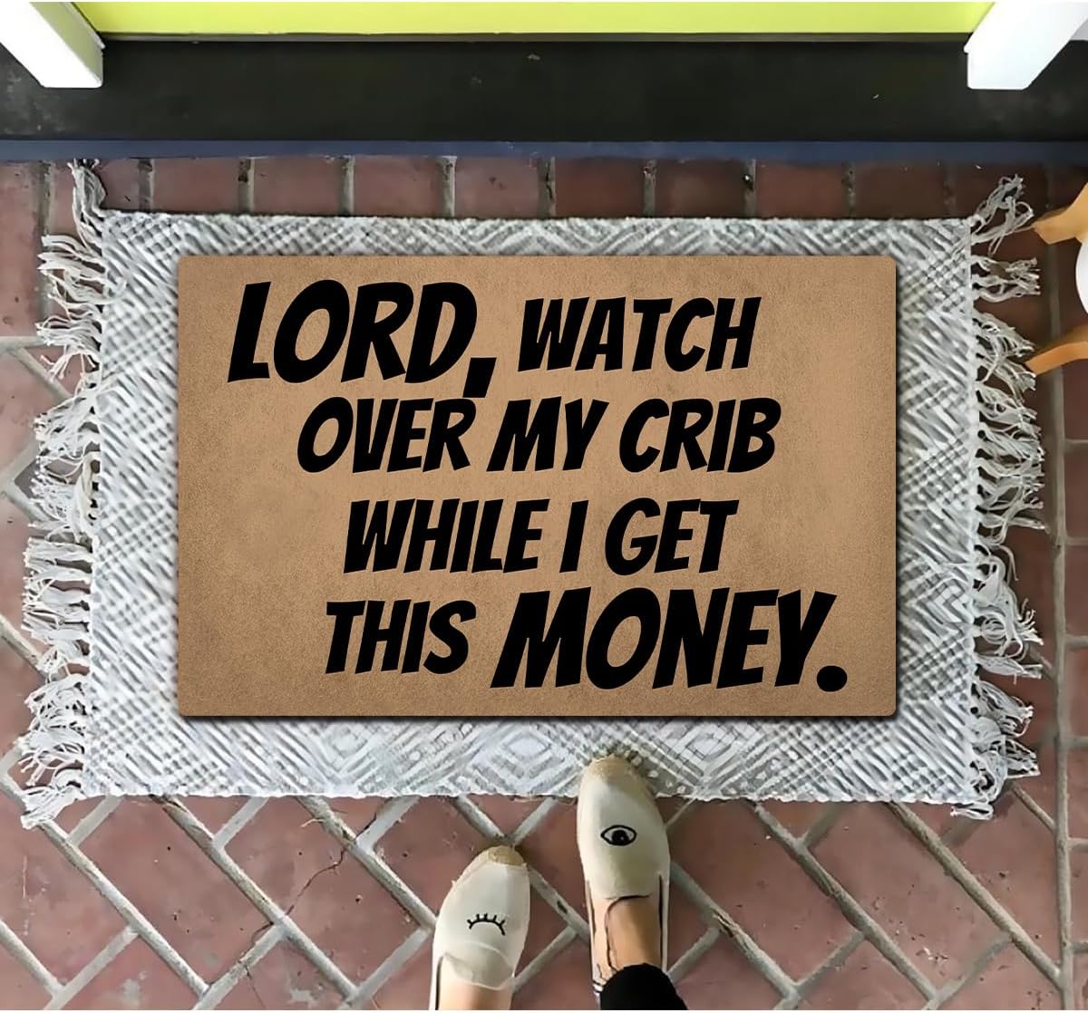 Rustic 1-Piece Entryway Rust Rug, Funny Hustle Quote Anti-Slip Absorbent Doormat - Vintage Text Print "Lord Watch Over My Crib While I Get This Money" for Blue Collar Men, One-Piece