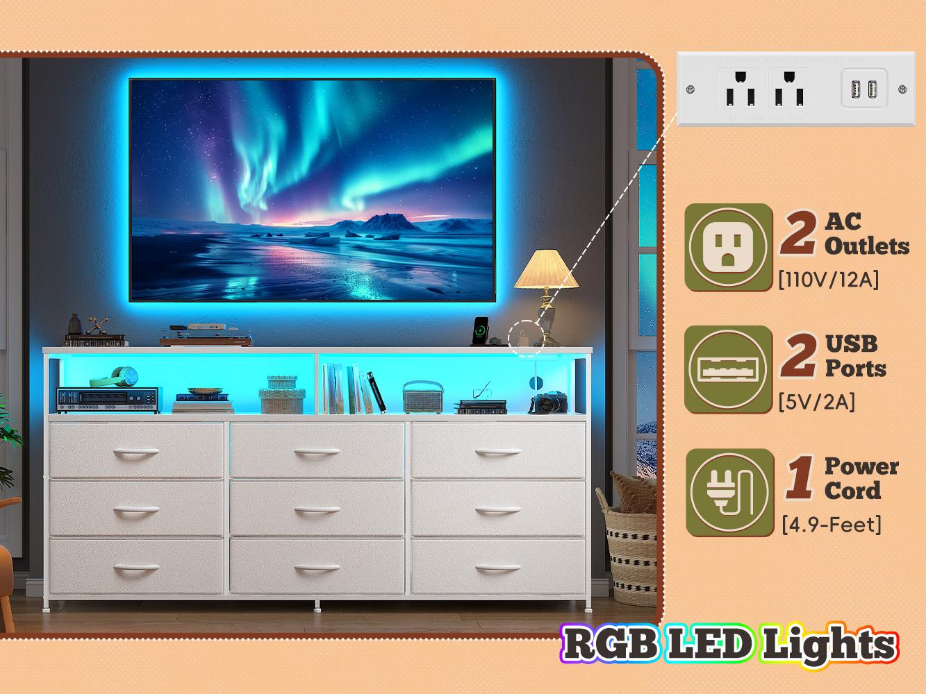 Raybee Furniture 65" TV Stand Dresser with 9 Fabric Drawers, Modern Chest with LED Lights & Built-in Charging Station, Long Storage Dresser with Wooden T