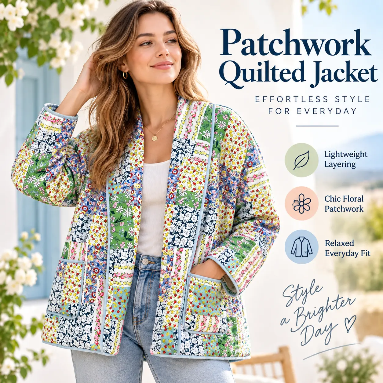 Women's Floral Patchwork Quilted Jacket, Lightweight Open Front Coat with Pockets, Relaxed Fit Boho Vintage Outerwear, Colorful Cottagecore Layering Jacket for Spring Fall, Casual Travel Weekend Daily Wear, Women's Fashion