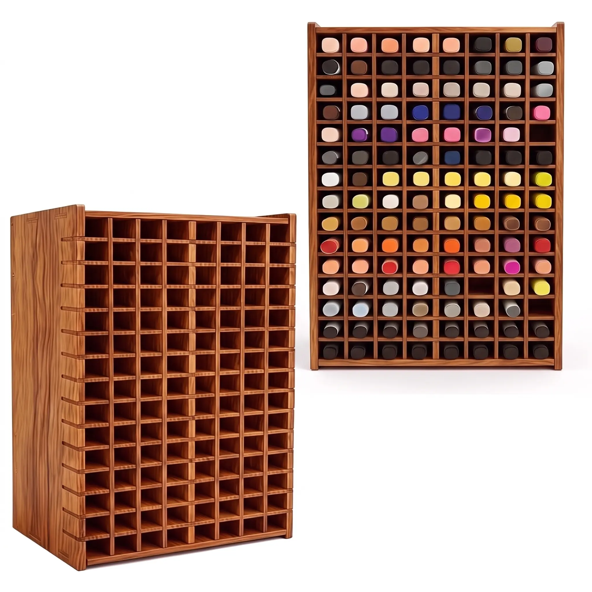 120-Hole Grid Wooden Marker Organizer - Desktop Office Desk Organizer, Pen Holder Storage Rack for Markers, Highlighters, Gel Pens, Colored Pencils