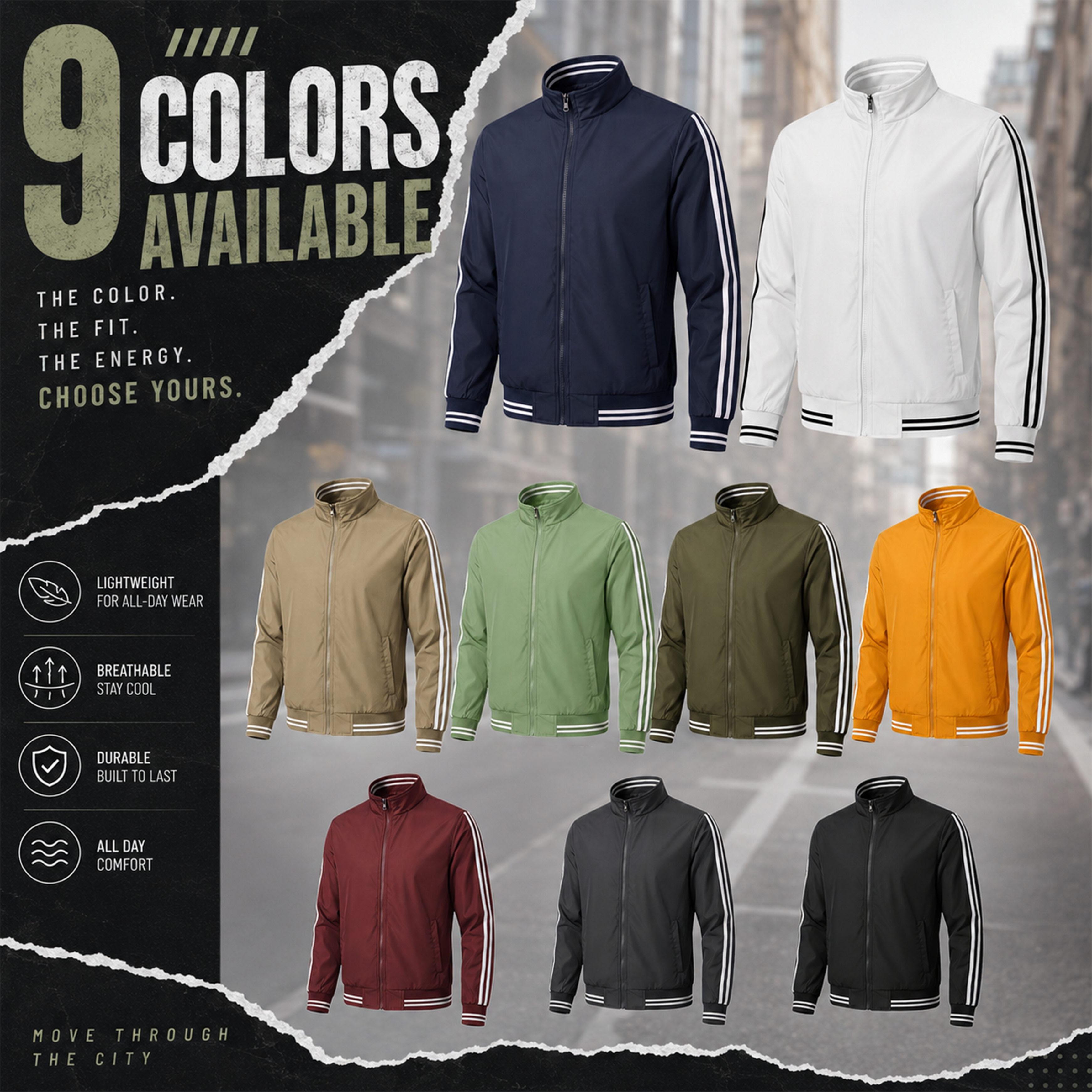 Men's Classic Ribbed Zippered Bomber Jacket - Lightweight Streetwear Coat with Lion Graphic, Sporty Stripe Sleeves and Full-Zip Front