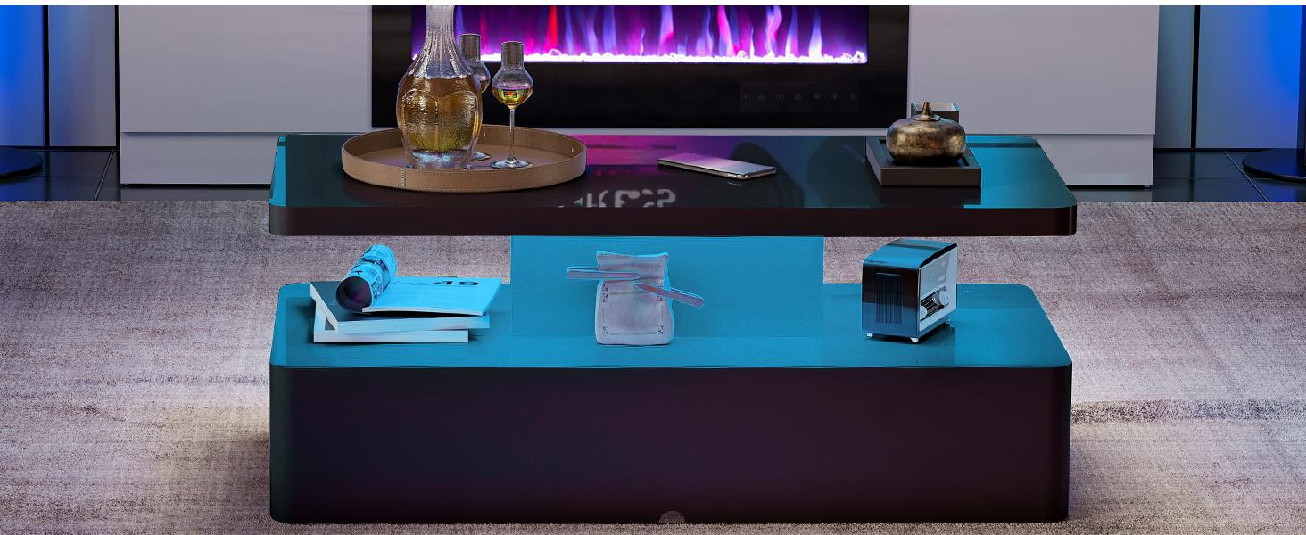 Contemporary Coffee Tables for Living Room, LED Coffee Table with Rounded Corner in 16 Colors, High Gloss 2 Tiers Table with Hidden Power Supply