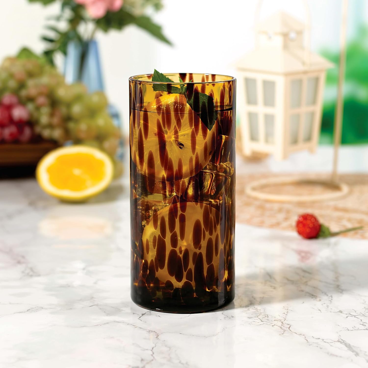 Collection Tortoise Shell Highball Glass Set of 4 – 14.54 oz Borosilicate Cocktail & Water Glasses – Durable, Lead-Free, Dishwasher Safe – Elegant Gift Packaging