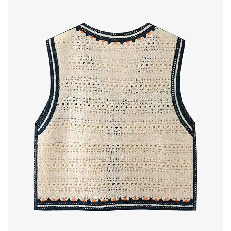 Women Crochet Vest Button-up Pocket Front Sleeveless Jacket Openwork Waistcoat Summer Beach Cover Up Vintage Boho Outfit