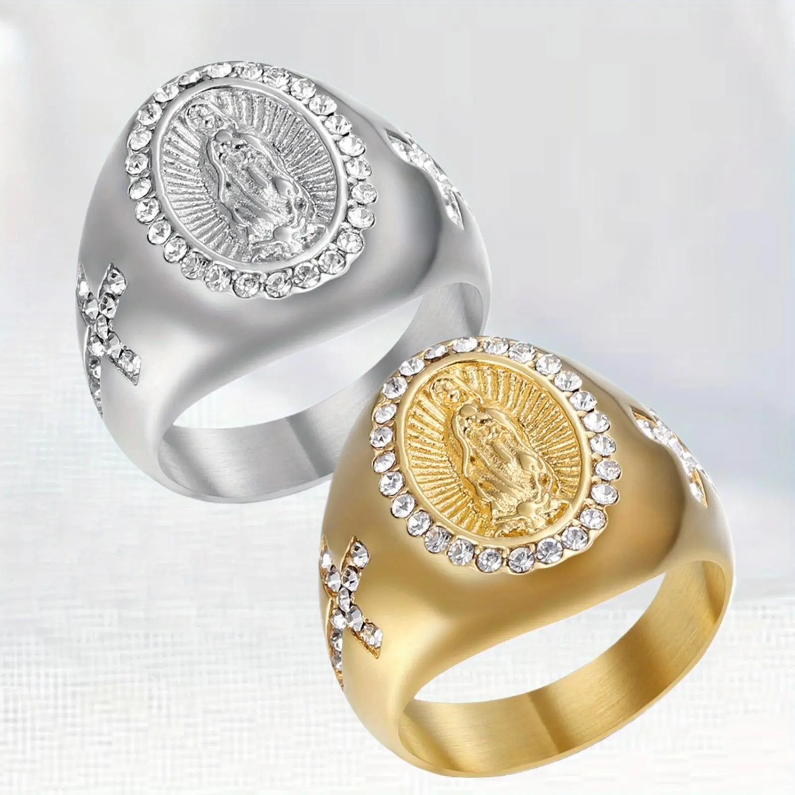 Men's Retro Stainless Steel Signet Ring - Synthetic Zircon Cross Maria Religious Charm, Stackable Engraved Gold-Tone Ring, 1pc Men's Fashion Accessory, Ideal for Thanksgiving & Easter Gifts, Stackable Rings