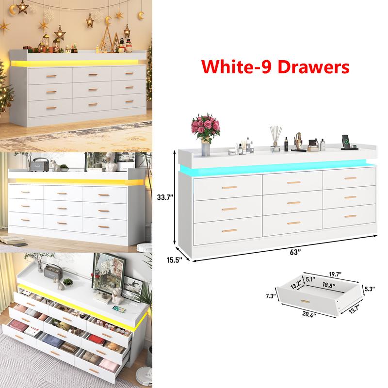 Dresser with LED Light, Modern Chest of Drawers for Closet, Wide Drawer Organizer Cabinet for Bedroom, Living Room, Entryway, Hallway, White/Black
