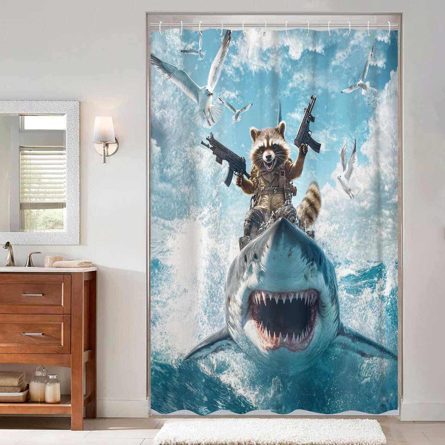 Funny Cat Knight Riding Shark in Space Battle Shower Curtain - Humorous Cat Laser Gun Galaxy Print, Waterproof Fabric Bath Curtain with 12 Hooks | Novelty Kids Bathroom Decor #showercurtain #catmeme #sharkdecor #spacecat #funnybathroom
