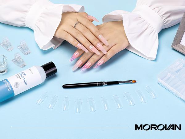 MOROVAN 2.5oz 75ml Slip Solution Kit for Poly Gel - Nail Tech Equipment with Nail Froms Anti-Stick Gel Liquid with Dual-Ended Brush 100PCS Nail Forms for Beginner