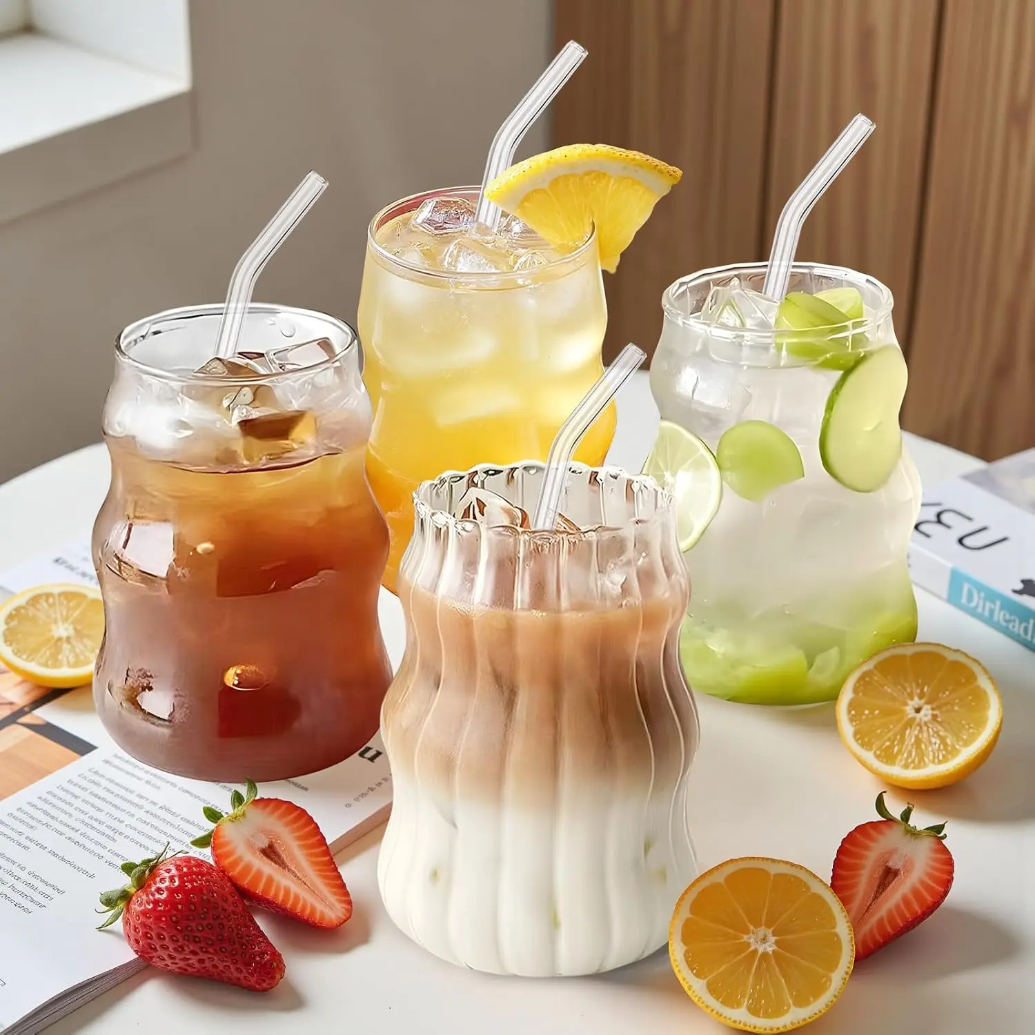 Ribbed Glass Cups Set of 4: 18OZ  Aesthetic Iced Coffee Glasses with Straws, Cute Drinking Glasses with Wave Shape Design, Matcha Glass Cup Bubble Cups for Juice, , Beverage,