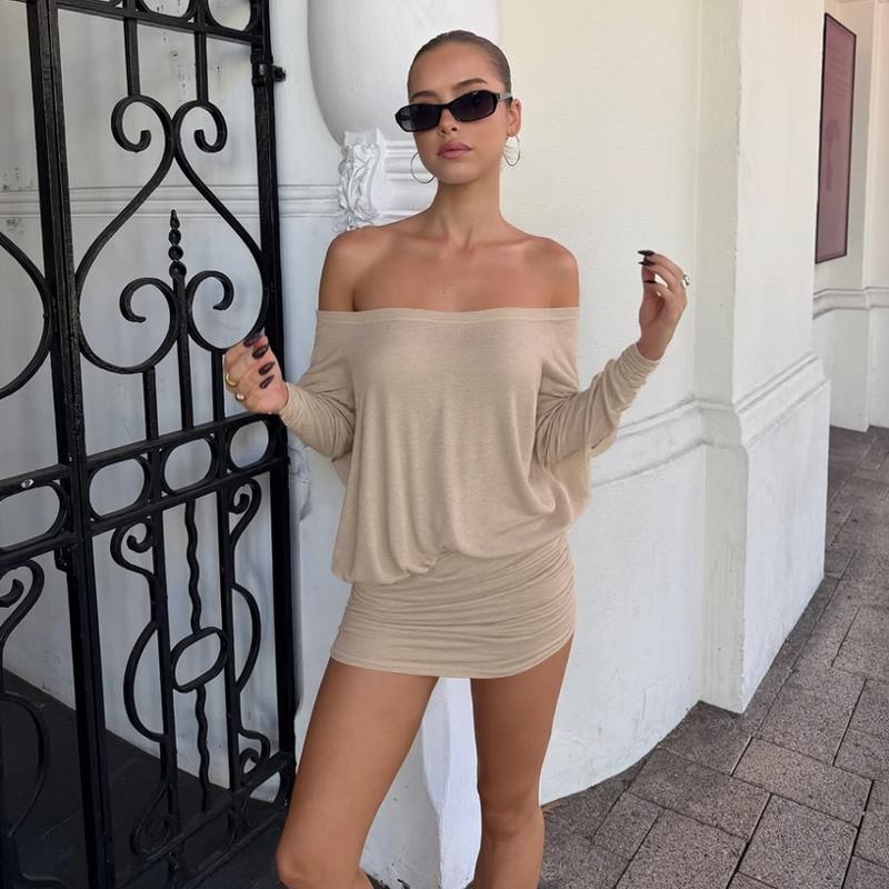 Women's Sheer Ruched Casual Party Dress, Off-The-Shoulder Long Sleeve Fit Women's Mini Dress for Spring & Fall, Womenswear Fashion, Lady
