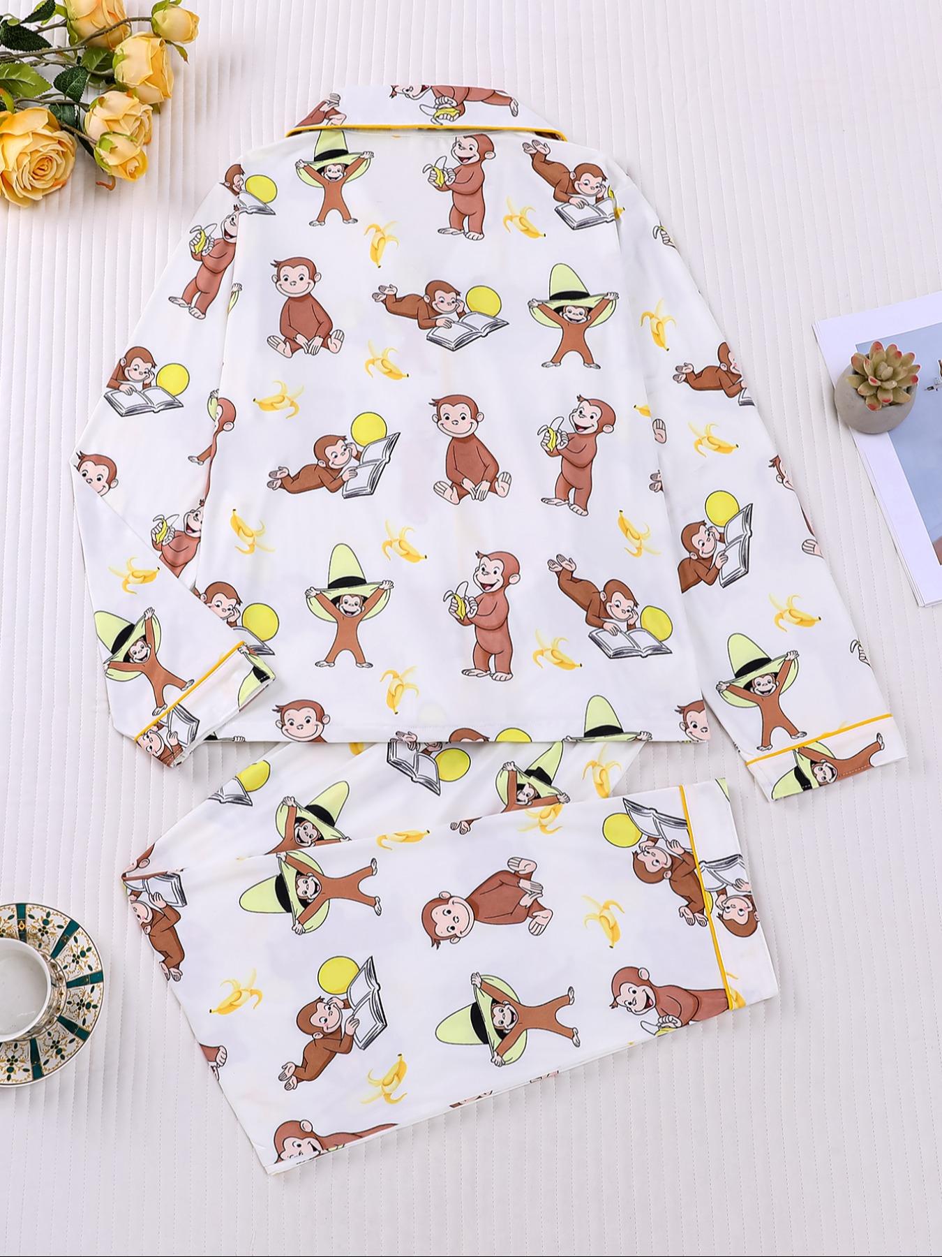 Women's Monkey Banana Print Pajama Set Pjs, Comfortable Long Sleeve Button Shirt & Elastic Pants, Casual Home Wear Loungewear for All Seasons