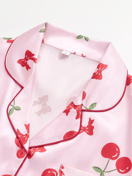 Women's Cherry Print Pajama Set, Cute Comfortable Short Sleeve Button Front Top & Elastic Waist Pants Shorts, Breathable Sleepwear