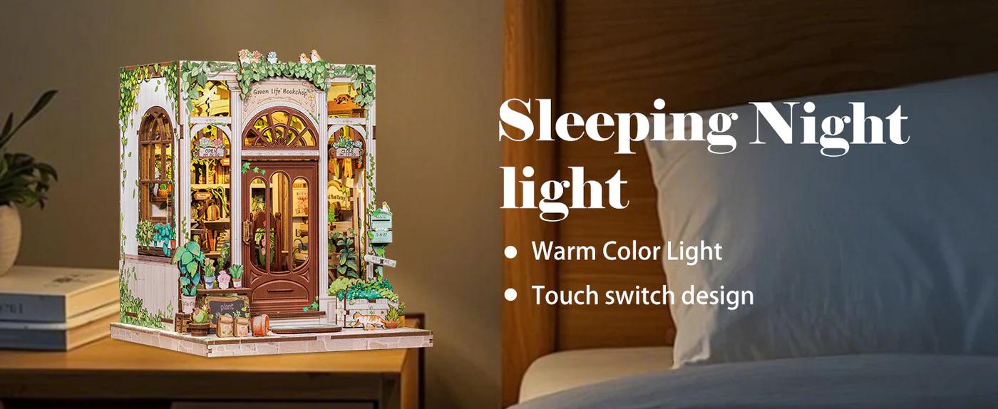 CUTEBEE DIY Book Nook Kit Green Life Bookshop – Wooden Miniature Bookstore Scene with LED Light | Handmade 3D Dollhouse Decor, Holiday and Christmas Gift for Adults