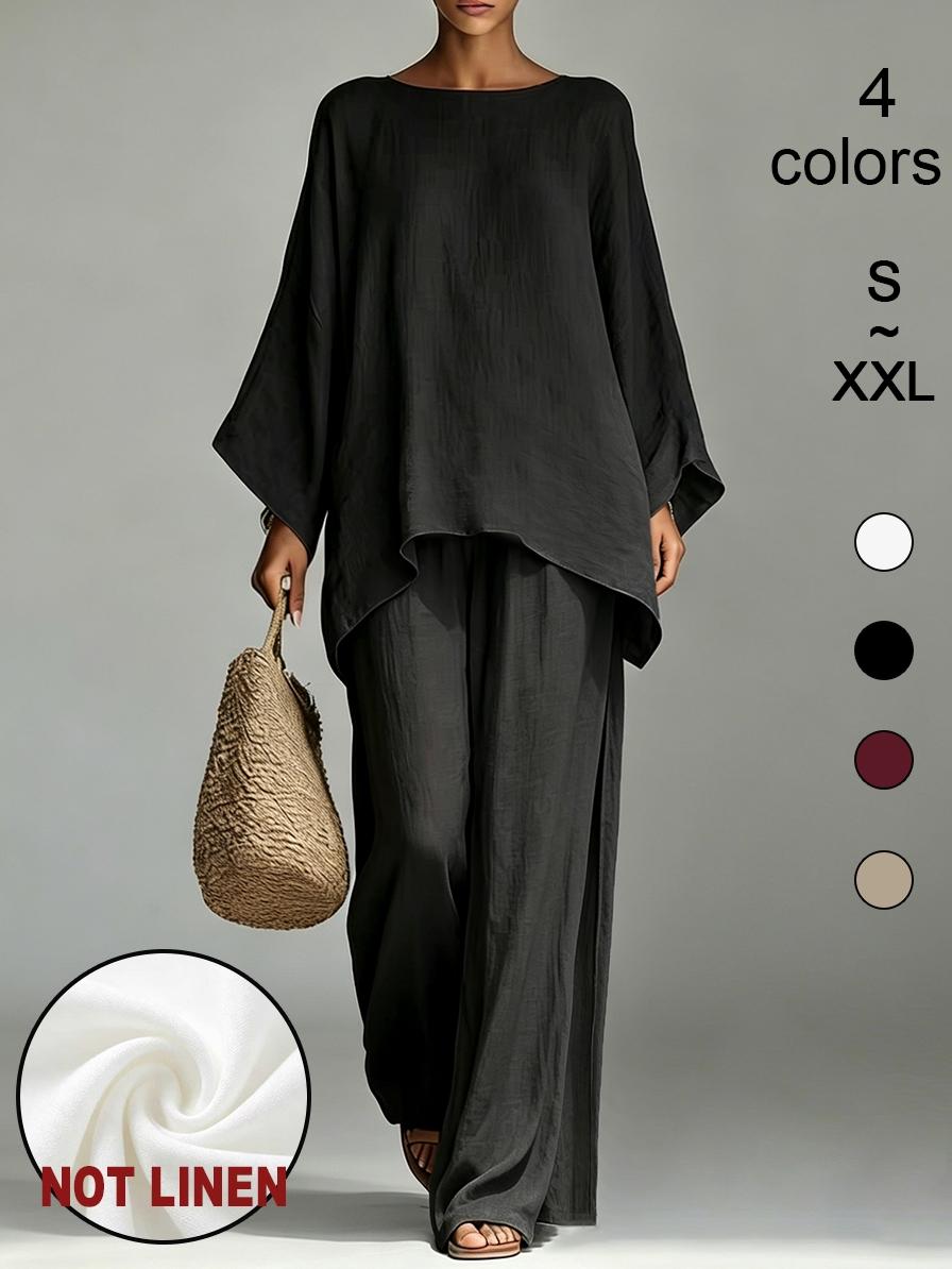 D7541 Women Fashion 2-Piece Matching Set, Batwing Sleeve Top & High Waist Wide Leg Pants, Asymmetrical Hem Trendy Streetwear Outfit.