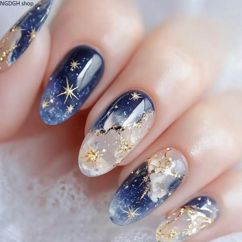 Nail Art - Navy Blue Galaxy Star Glitter Press On Nails Long Almond 3D Celestial Glam Fake Nails Nail Art Accessory Women