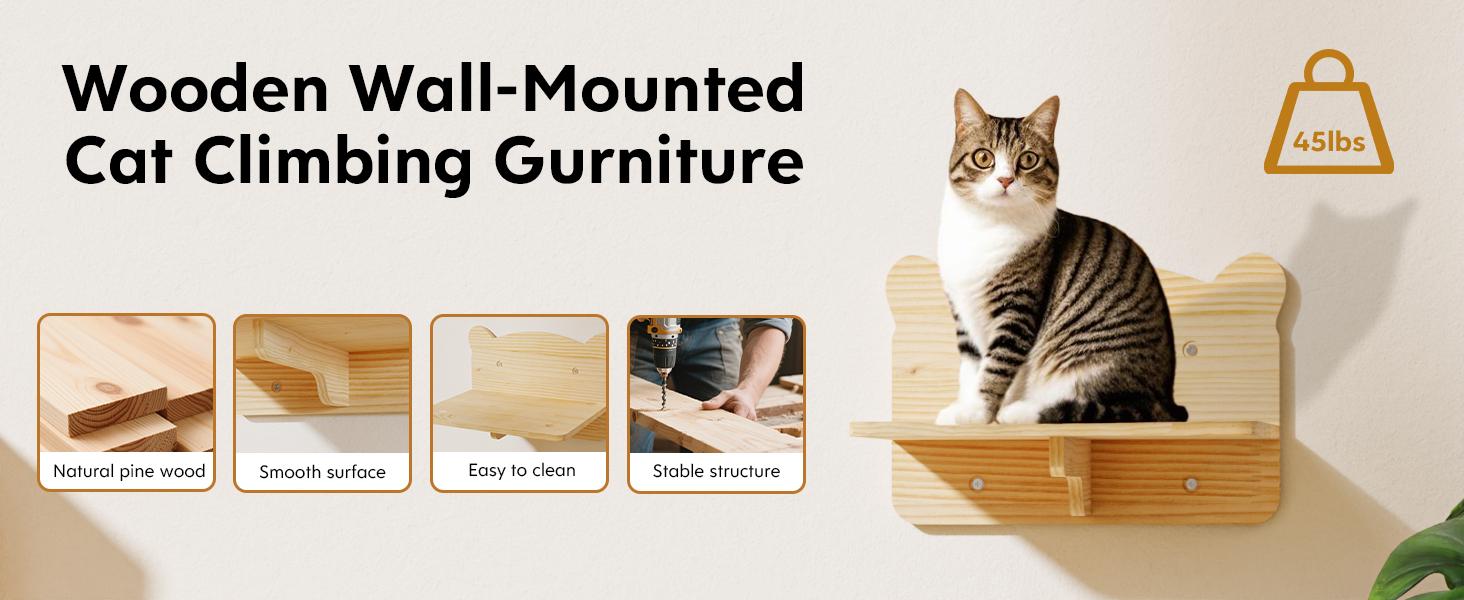 PUKAMI Cat Wall Shelves, Wooden Feline Furniture, 9 Pcs Set Wall Mounted Cat Shelves with Bed, House, Steps, Bridge Ladder and Scratching Post for Indoor Climbing, Sleeping, Playing