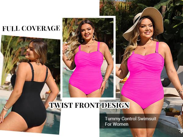 Aqua Eve Womens Plus Size One Piece Swimsuit - Ruched Tummy Control Bathing Suit Twist Front Swimwear