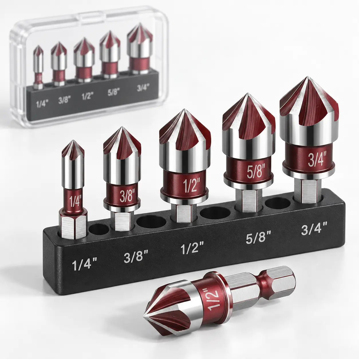 82° Countersink Chamfer Bits 5Pcs Kit, Hex Shank 5 Cutting Edges, Multi Sizes for Wood Metal Plastic Screw Countersinking