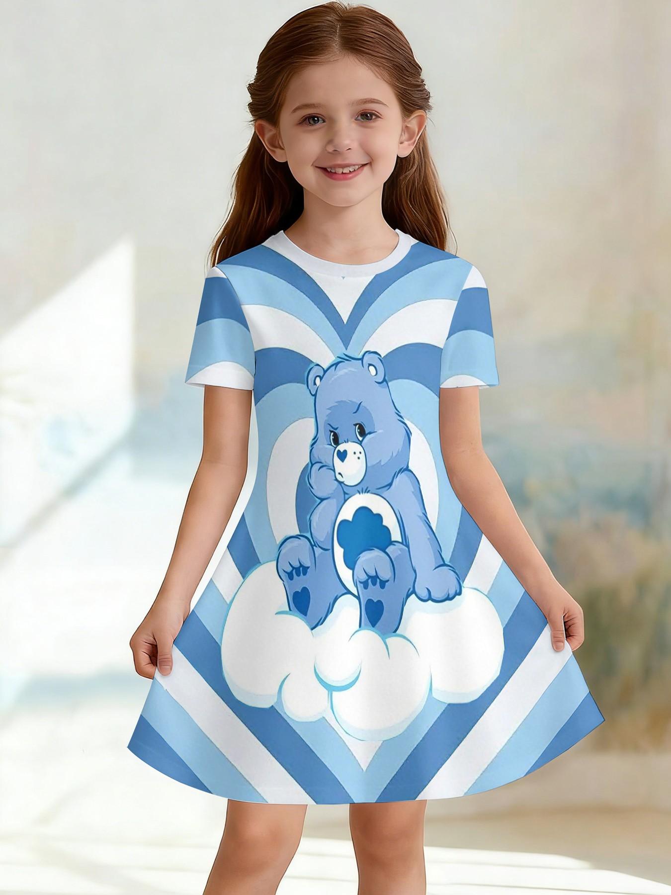 Girls' Heart Bear Night Owl A-Line Dress, Cartoon Healing Short Sleeve Dress, Fashion Outdoor Wear, Birthday Gift, Holiday Gift